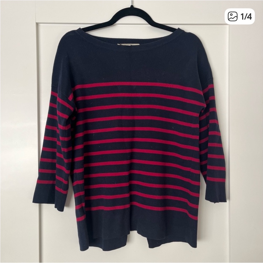 LOFT Navy and Red Striped Crew Neck Sweater